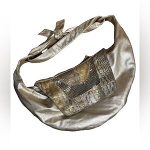 Treesje Y2K Hobo Leather Handbag Metallic Gold Croc Snake Patch Zip Shoulder Bag